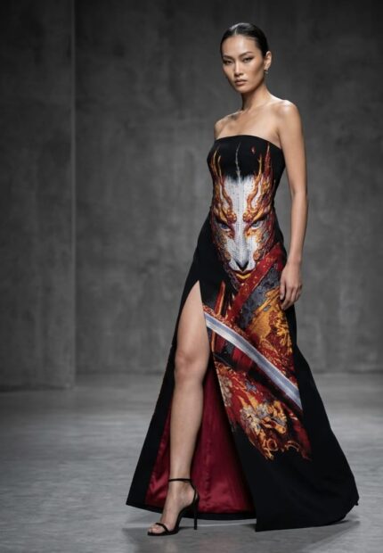 Women's Strapless High-Slit Gown with Warrior Fox