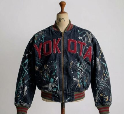 Vintage "YOKOTA" Paint-Splatter Denim Bomber Jacket